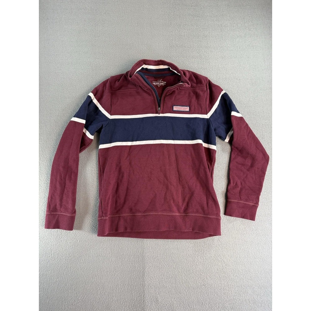 Vineyard Vines Shep‎ Shirt Boys 16 Red Navy Stripe 1/4 Zip Sweatshirt Pullover